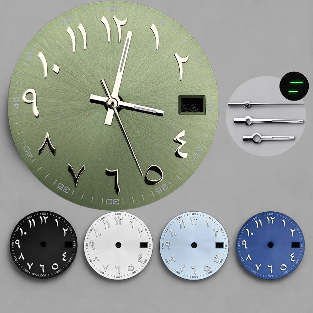 28.5mm Watch Dial with Hands Set, Arabic Numerals Date Window Dial Replacement for NH35 NH36 Automatic Movement, Watch Mod Parts