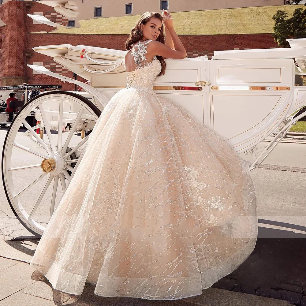 Flavinke Customized A Line Lace Wedding Dresses Appliques Sequined Cap Sleeve Lace Up Bride Dress Sweep Train Gowns Plus Size