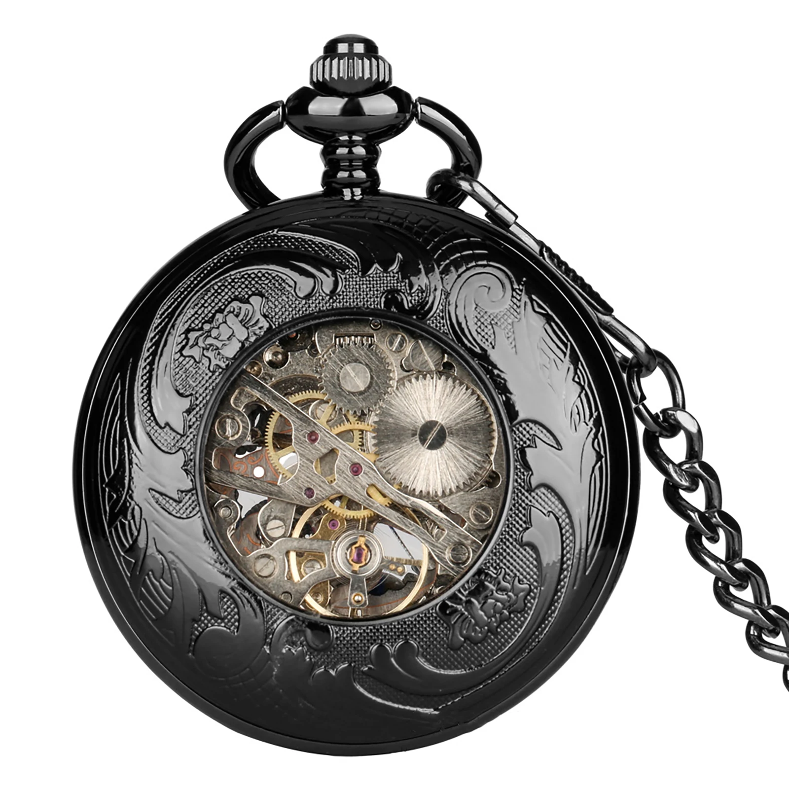 12 Hours Roman Numerals Display Mens Mechanical Pocket Watch Vintage Steampunk Skeleton Retro Chain Luxury