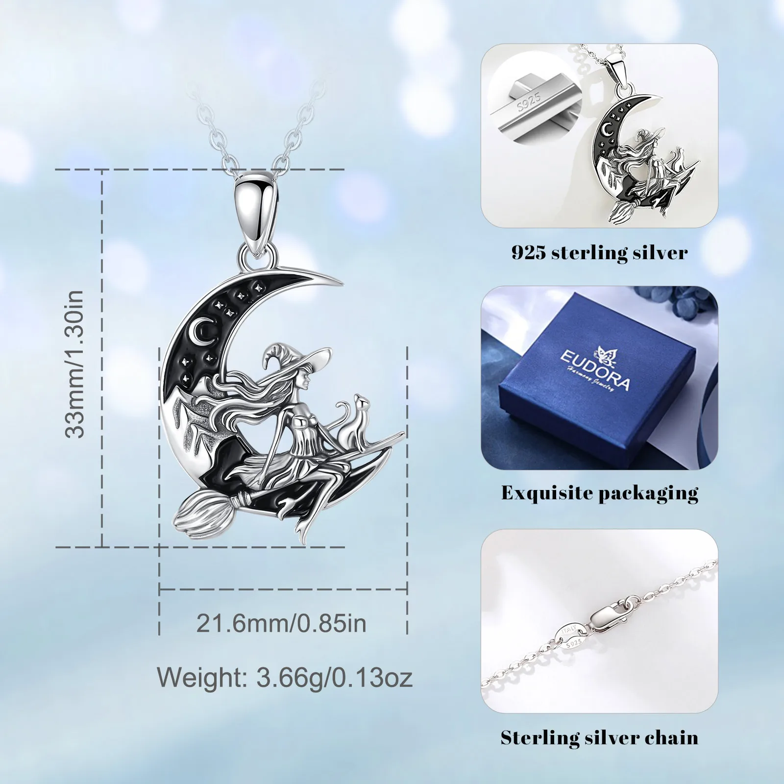 Eudora 925 Sterling Silver Witch Broom Crescent Moon Necklace Cat Witch Pendant Wicca Pagan Jewelry Spiritual Gift for Women Men