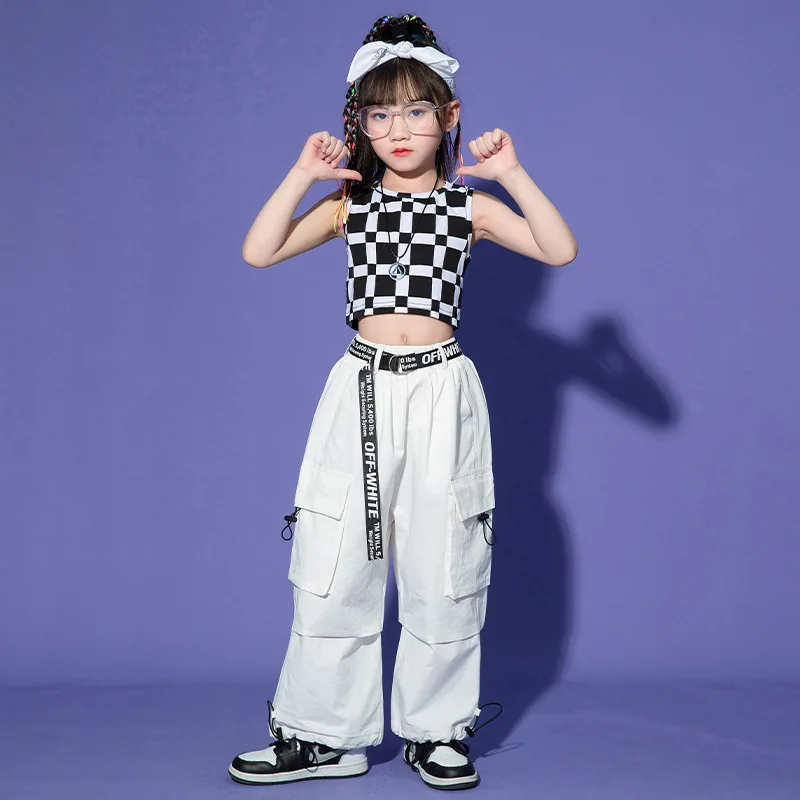 

Kid Kpop Hip Hop Clothing Checkered Tank Crop Top Black Casual Wide Parachute Cargo Pants for Girl Jazz Dance Costumes Clothes