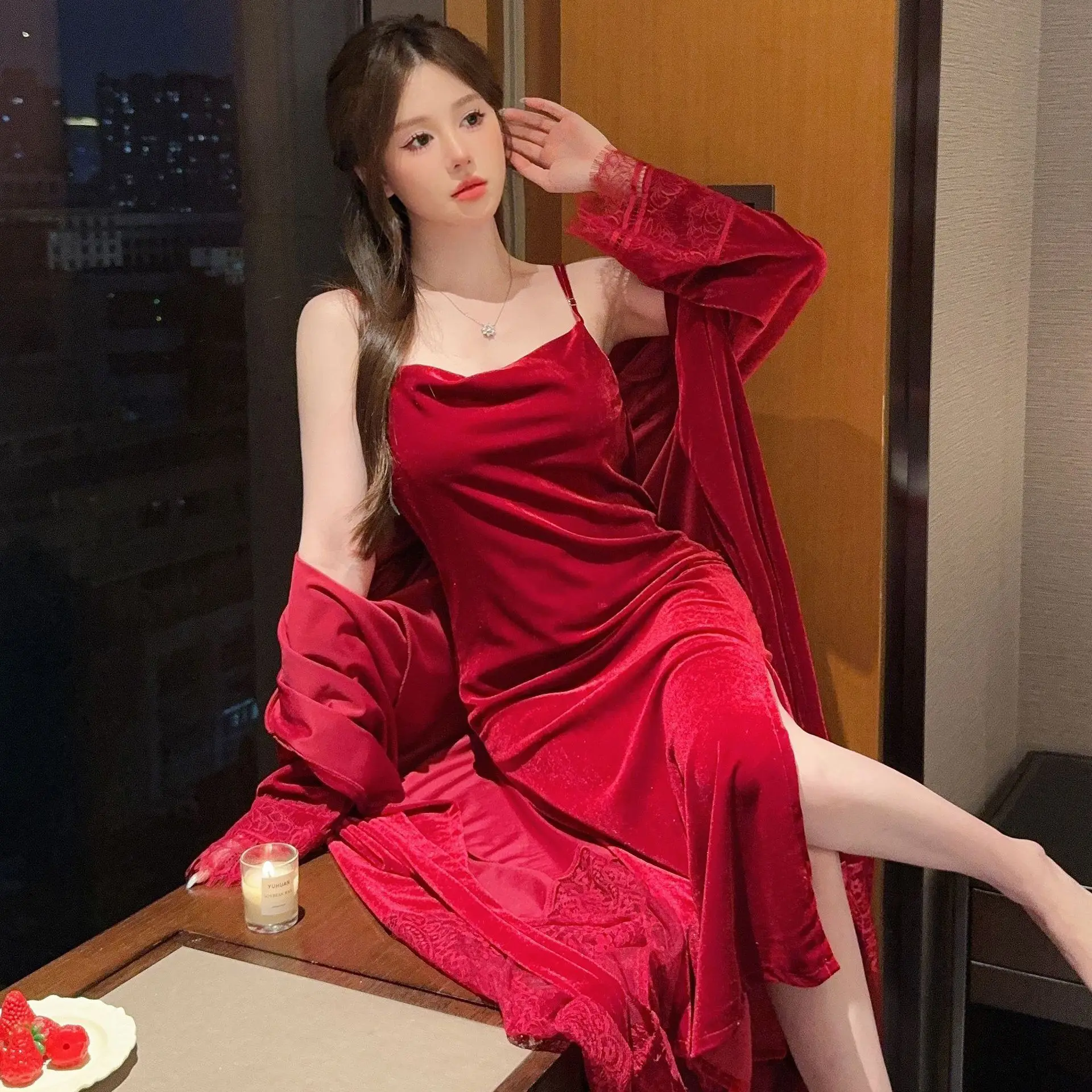 

3Pcs Sexy Camisole Red Lace Woman Satin Winter Robe Sets Nightdress Night Dresses Robe Lounge Women Pijama Sleepwear Pajama