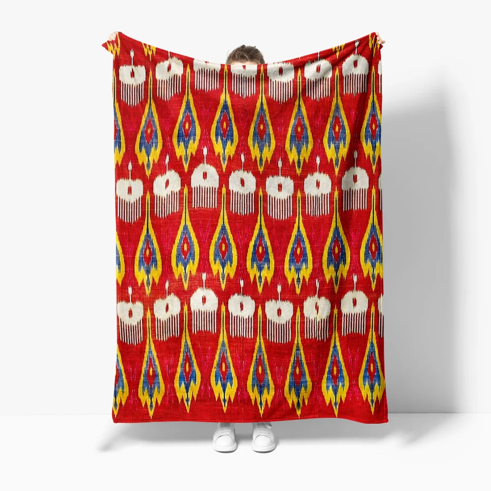 

Vibrant Ikat Pattern Blanket Red Blue Tribal Ethnic Throw Blanket Sofa Bed Cover Decorative Warm Soft Home Textile