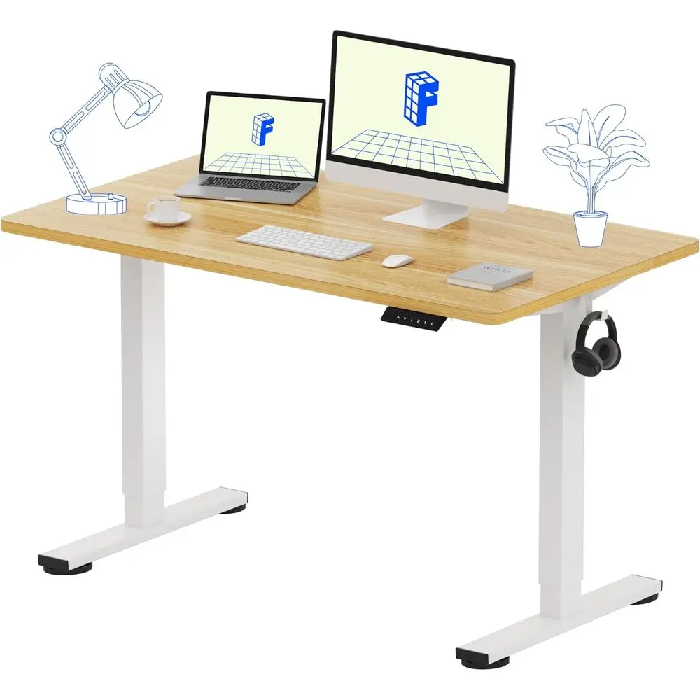 48x24 One-Piece Electric Standing Desk, Maple White, City, SeamlDesktop, Home Office Use, 4 Memory Presets, Multi-Monitor Setup,