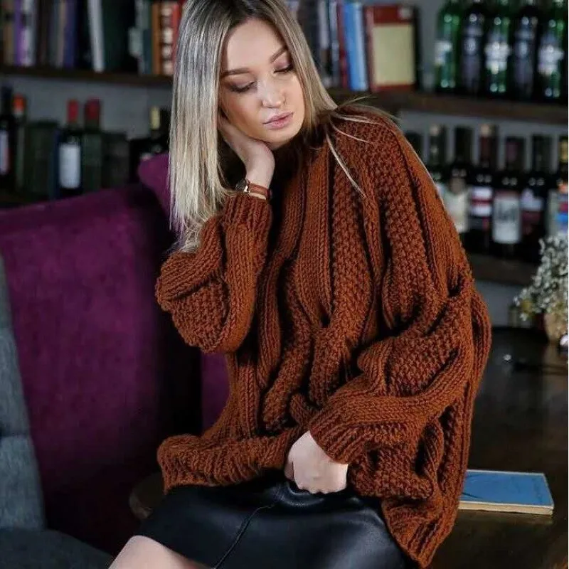 

New Large-sized European and American Knitted Sweater Autumn Winter Round-neck Pullover Solid Color Braided Sweater for Women