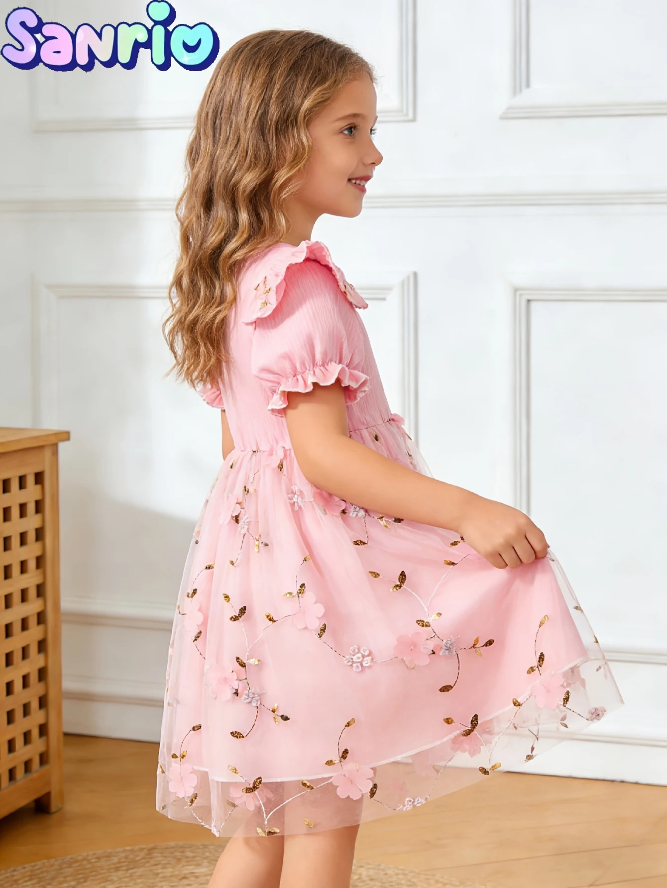 Girls Pink Tulle Princess Dress Summer Hello Kitty Embroidered Puffy Skirt