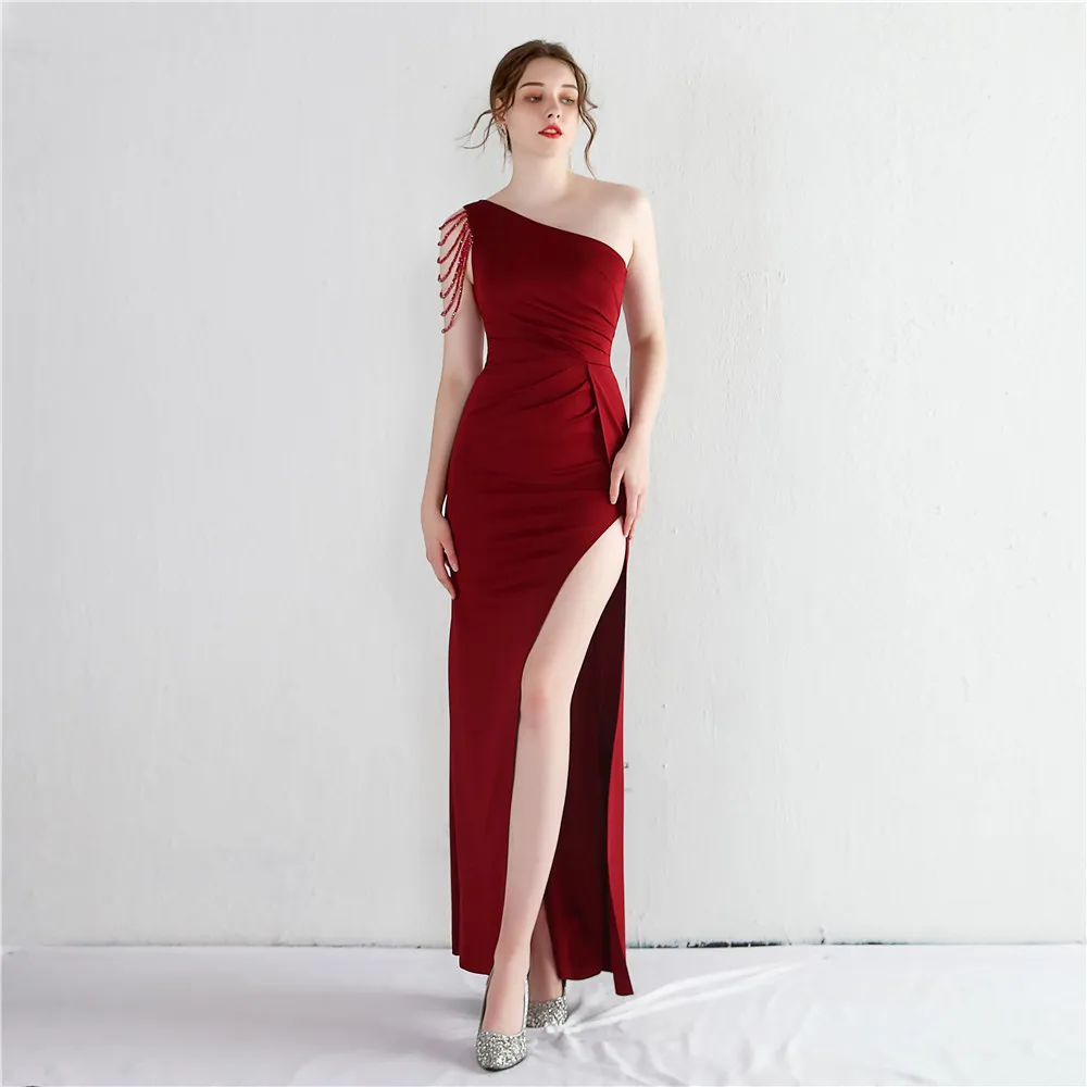 

Sexy Slit Satin One Shoulder Pleat Mermaid Evening Dresses Bridesmaid Formal Prom Pageant Show Wedding Party Floor Length