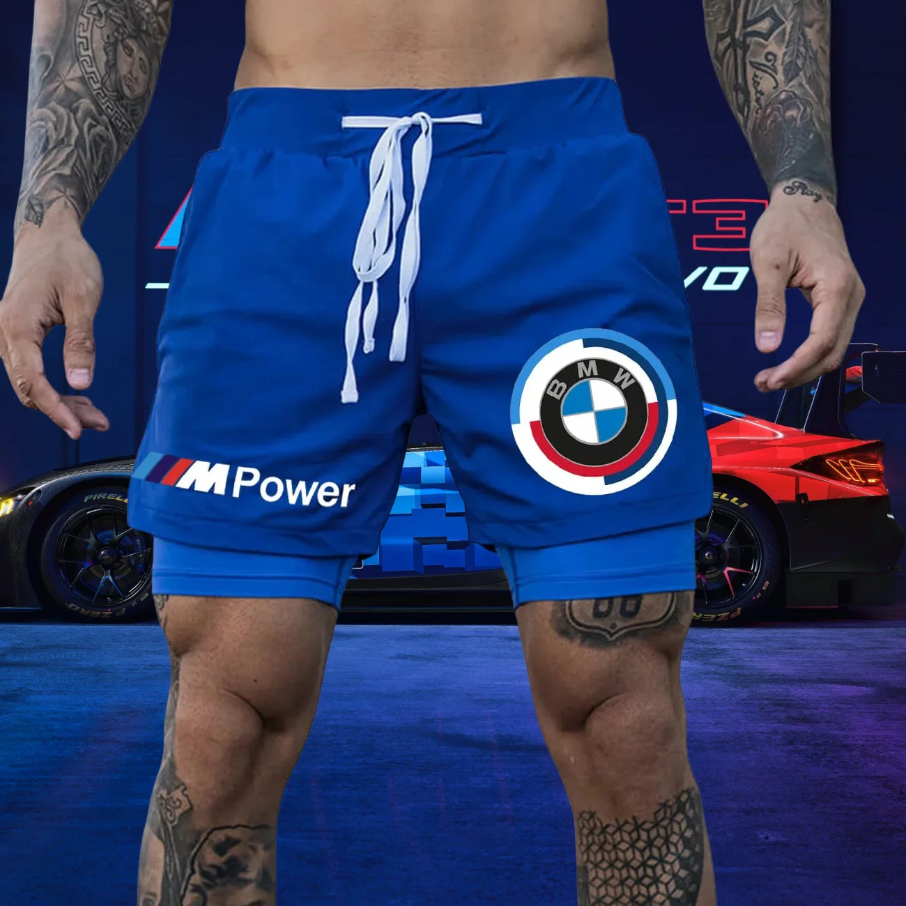 

BMW Men's Blue Quick-drying Fake Two-piece Shorts New High-end Car Brand Sports Fitness Shorts Comfortable Casual Shorts Moto