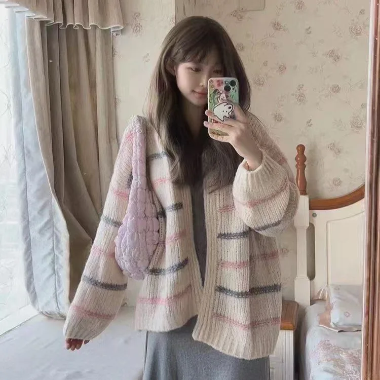 Cappotto maglione lavorato a maglia a righe V-Ne rosa dolce Cappotto da donna allentato e versatile Top Capispalla Autunno New Sle Lazy Faion