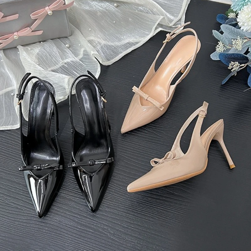 

Женские сандалии Baotou, новинка 2025, универсальные туфли из лакированной кожи на тонком каблуке с пустыми одинарными туфлями