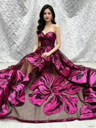 Fuchsia African Jacquard Brocade Luxury Fabric Floral Organza Tulle Mesh Lace French Net Dress Material Brocard Tissu 5Yard CJ13