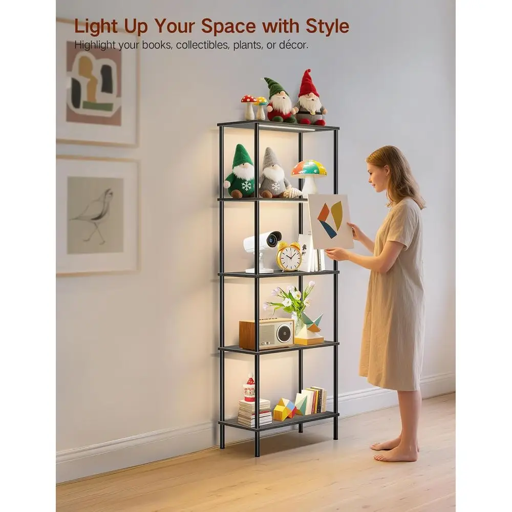 Modern 5-Tier LED Lighted Bookcase, Dimmable with Touch and Remote, 3 Color Modes, Sleek Black for Rooms and Offices