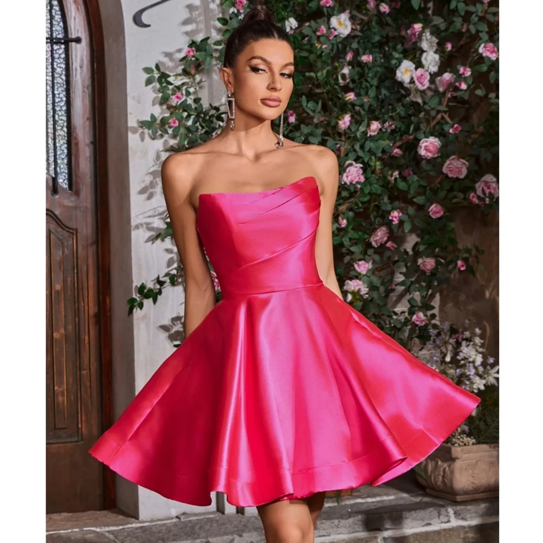 

Elegant Satin Mini Homecoming Dresses Strapless Boat-neck A-line Ruched Ruffles Simple Backless Lace Up Prom Dress Evening Gowns