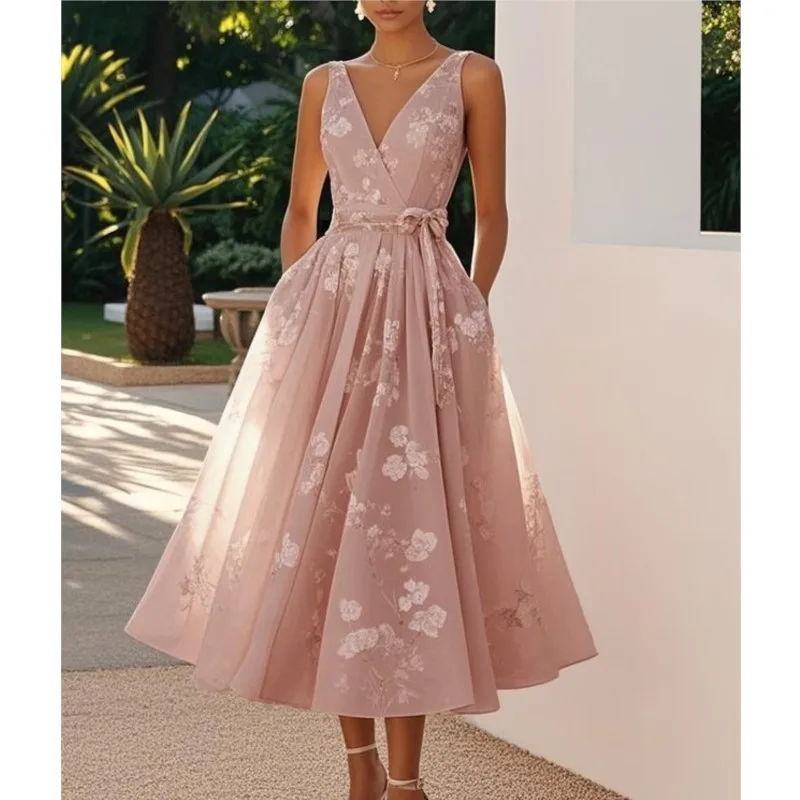 Verão elegante vestido de festa à noite 2025 sexy com decote em v sem mangas rendas chique vestidos plissados boho das mulheres a linha vestido de baile robe
