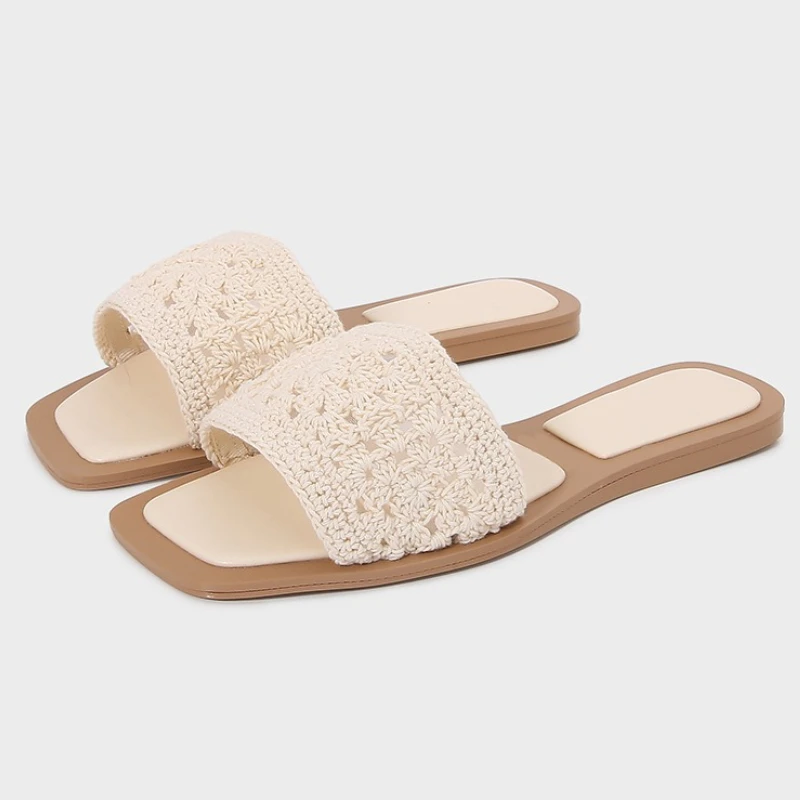 

Роскошные тканые брендовые тапочки ручной работы на плоской подошве, женская мода, бежевая дизайнерская обувь с квадратным носком, удобные нескользящие пляжные сандалии с открытым носком