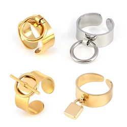 316L Stainless Steel Ring For Women Men Punk Geometric Wide Open Finger Rings Female Lock Round Charms Chain Rings Jewelry