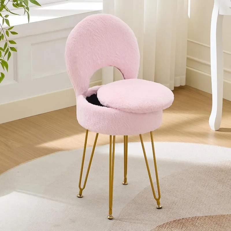 Faux Fur White Small Vanity Chair & Stool - Folding Back Storage Ottoman, Anti-Slip Golden V-Leg for Bedroom Makeup Room