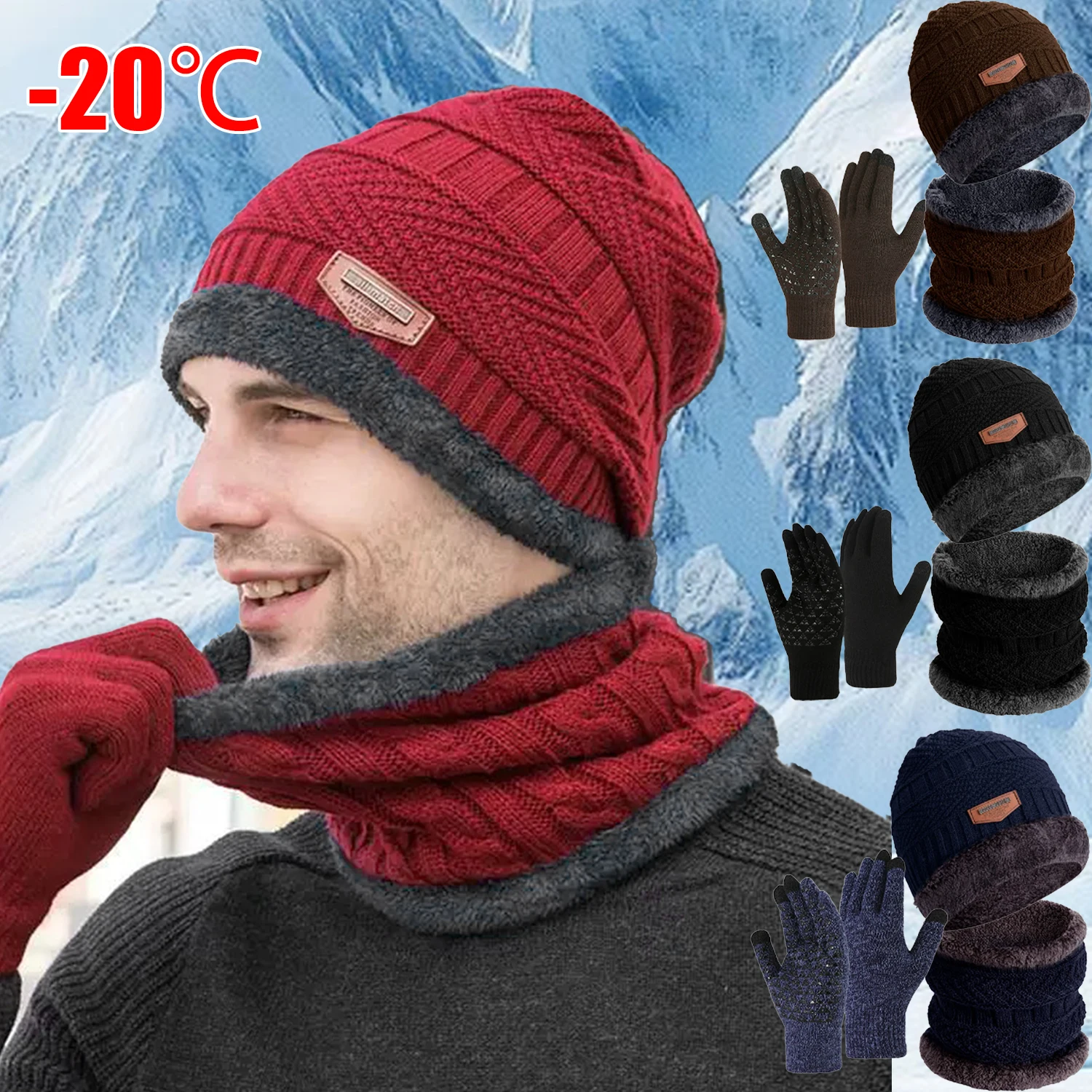 1 Juego de gorro grueso de invierno para hombre y mujer, gorro de punto, gorro de invierno, gorro, bufanda de lana para el cuello, gorros, gorro, gorro, conjunto de guantes