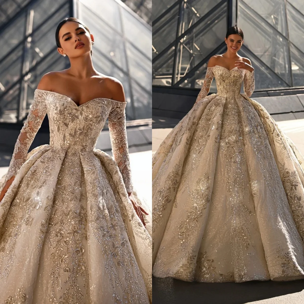 فساتين زفاف ترتر عتيقة بدون أكتاف فستاين سهرة/فساتين الحفلات وأكمام طويلة الأميرة سويب تراين مخصصة فيستدوس دي نوفيا #1