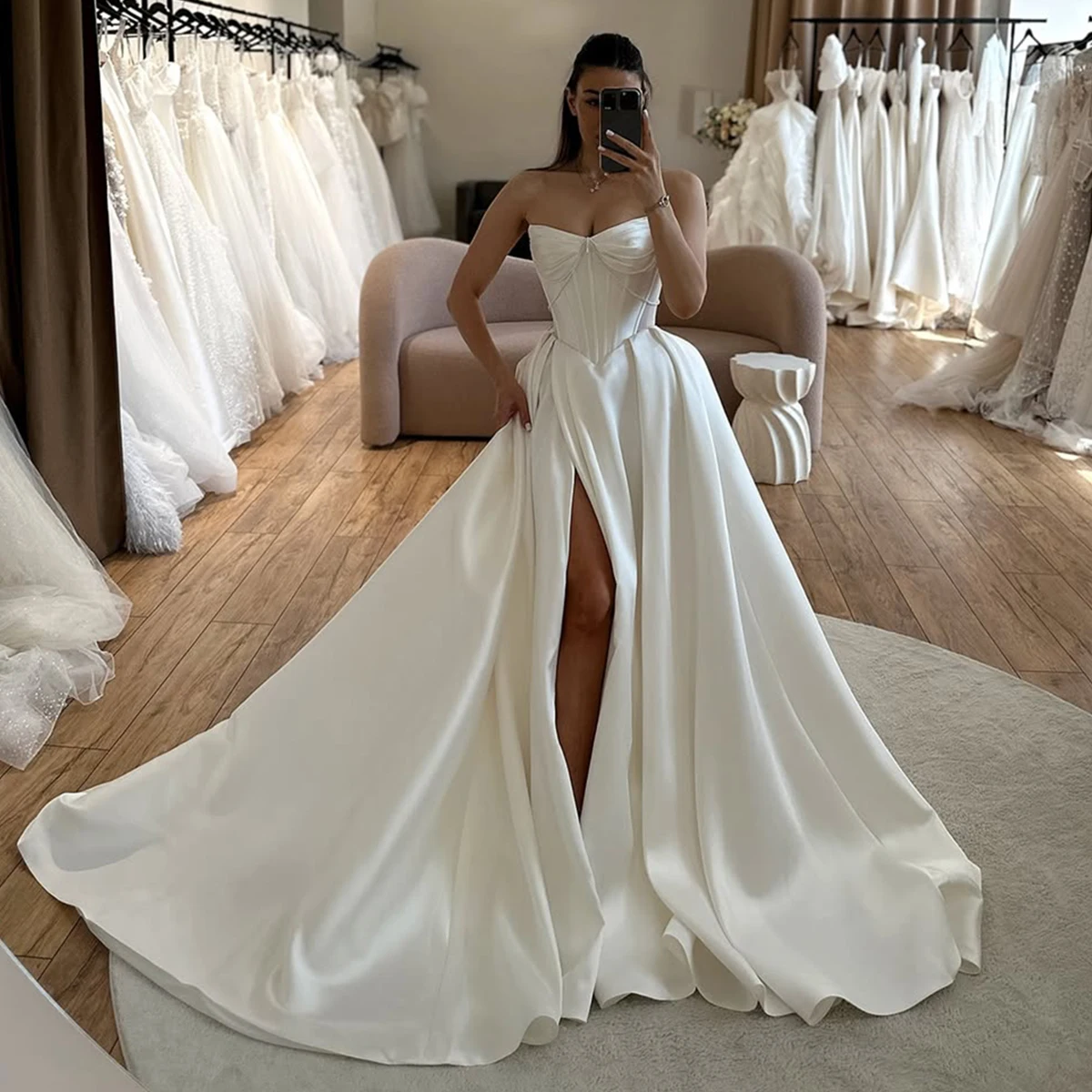 Romantic V Neck Satin Pleated Ball Gown Wedding Dresses For Women  Vestidos Novia Backless Long Bridal Party Gown With Train