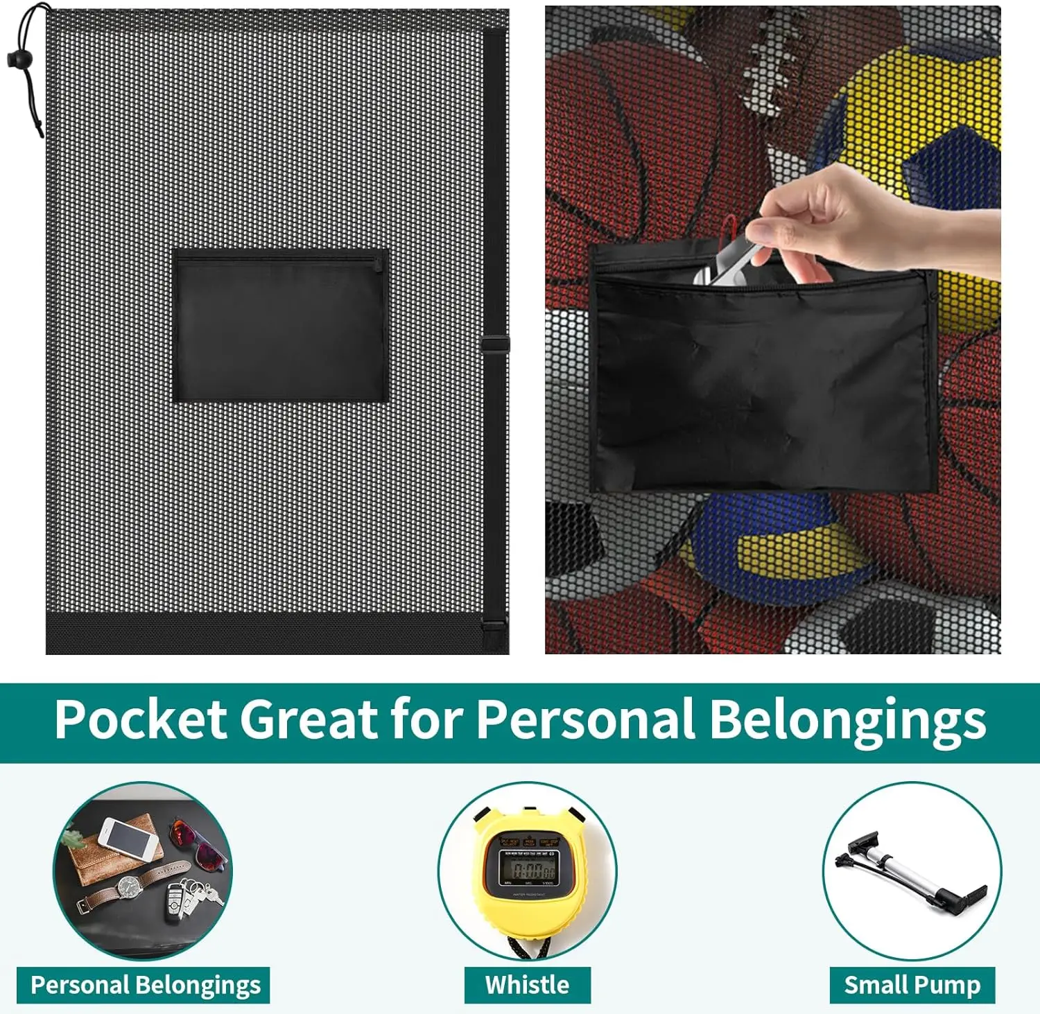 حقيبة كرة شبكية برباط 40 بوصة × 30 بوصة مع جيب كيس شبكي رياضي شديد التحمل للمدربين حقيبة تخزين لمعدات صالة الألعاب الرياضية لكرة السلة