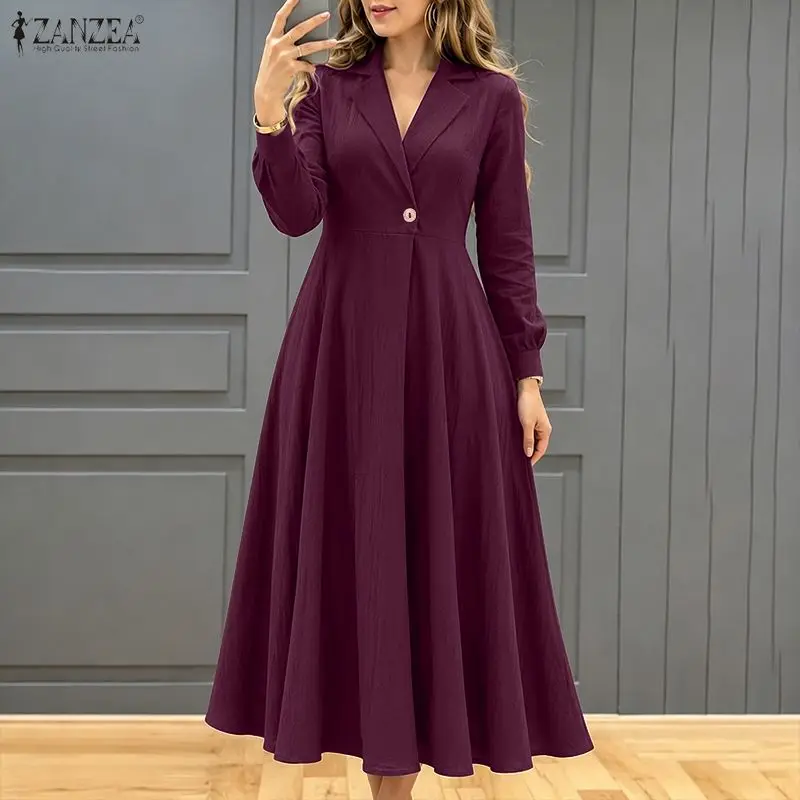 Herbst ZANZEA Damenkleid Elegantes Langarm-Kleid mit Revers und Knöpfen, A-Linien-Maxikleid, OL-Arbeitskleid, Einfarbiges Party-Hemdkleid