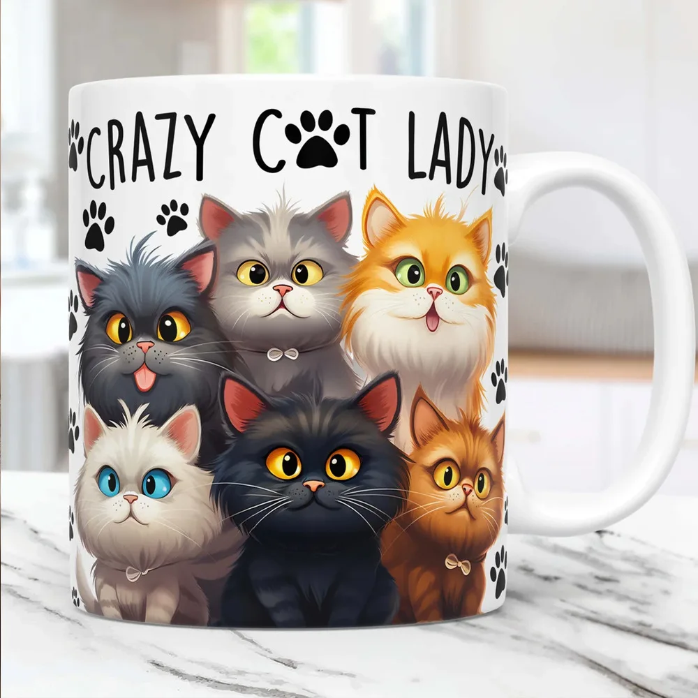 1pc 11oz Crazy Cat Lady White Ceramic Coffee Mug Tea Cup Dishwasher Microwave Safe Birthday Holiday Gift Mugs Coffee Cups