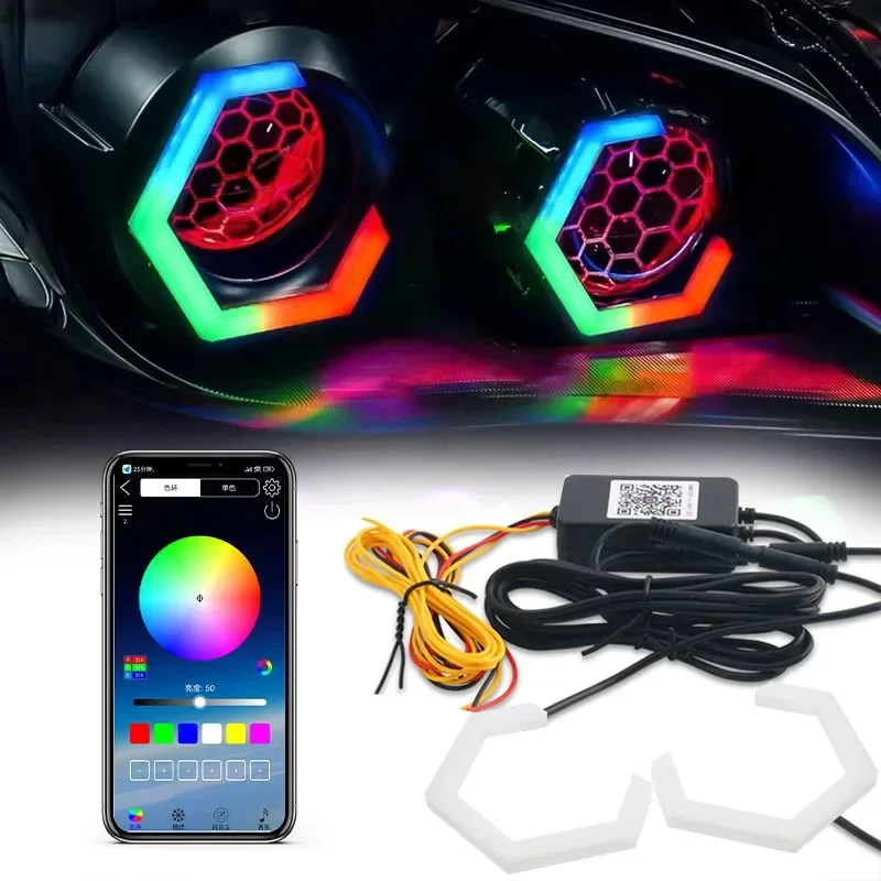RGB Angel Eyes Hexagon Halo Rings Lights with Turn Signal Light APP Bluetooth LED Motorcycle Retrofit DRL Car Headlight 12V