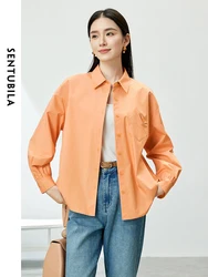 SENTUBILA Orange Cotton 100% Polo Collar Shirt 2024 Spring Button Up Long Sleeve Shirts & Blouses Straight Womens Top 141C53072