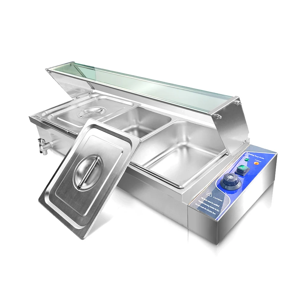 

Best Promotion 3 Pans Fast Food Equipment Electric Stainless Steel Bain Marie Food Warmer With Glass Cover