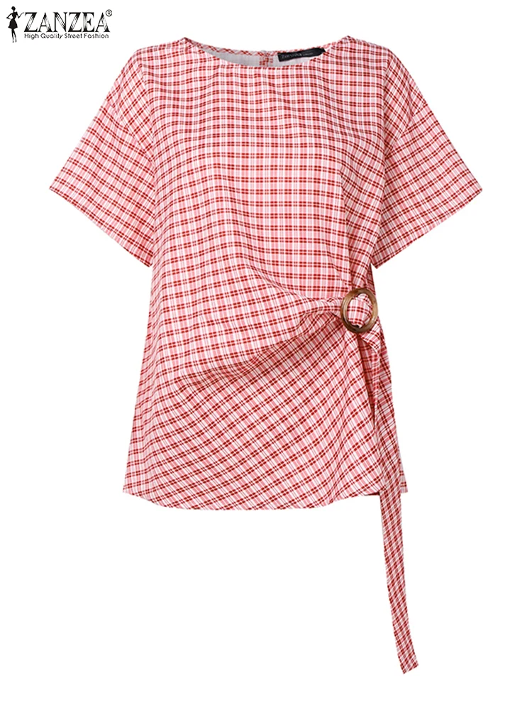 Eleganckie bluzki do pracy z krótkim rękawem OL ZANZEA dla kobiet, stylowe letnie koszule, codzienne bluzki w paski, modne bluzki na wakacje ze sznurowaniem, 2025