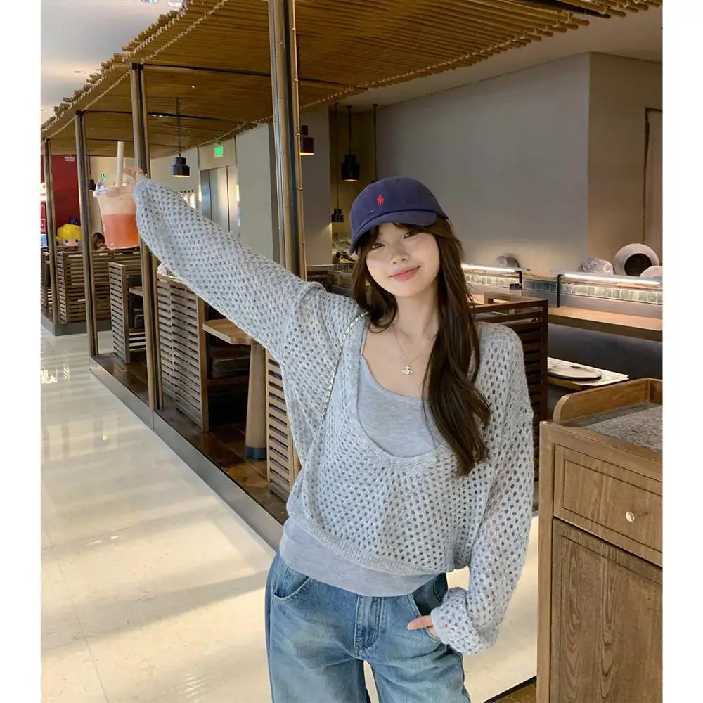 Gray V-Neck Hollow out Knitted Cover up Set Women's Casual Loose Slimming Top Two-Piece Suit Autumn 2025 New Style