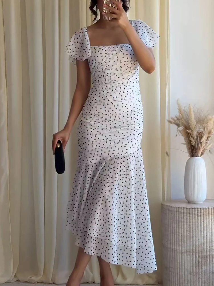 Sommer Damen Mesh Midi-Kleid Neues Plissiertes Tailliertes Kurzarm-Kleid Elegantes Party-Stufenkleid Modisches Gepunktetes Damen-Streetwear-Kleid