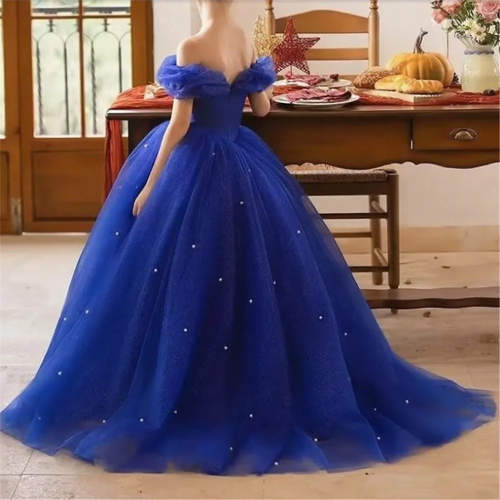 

Luxury Customized Flower Girl Wedding Dress Appliques Butterflies Pearls Off the Shoulder Princess Birthday Party Pageant Gown