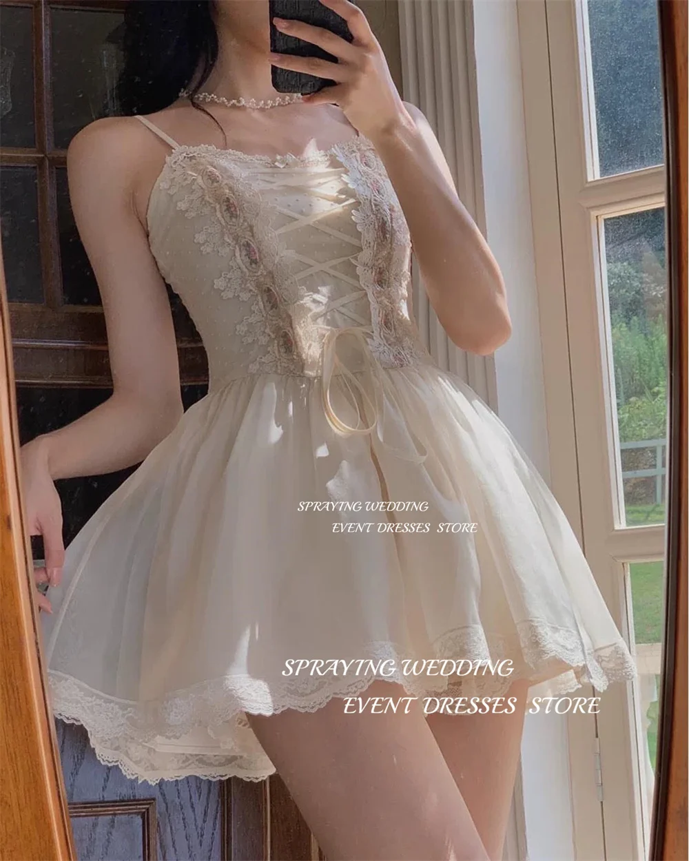 SPRAYING Sexy Lace Ribbon A-line Short Wedding Party Dresses Mini Strapless Evening Prom Dresses Spaghetti Straps Prom Gown