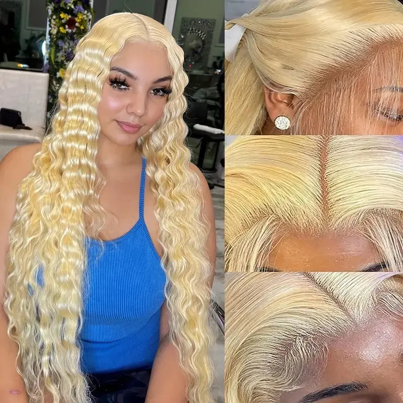 Blonde 26 Inch 613 Blonde 13x4 Lace Forehead Human Hair Wig Deep Wave Glueless Curly Hair 150 Density Women For Human Hair Wig