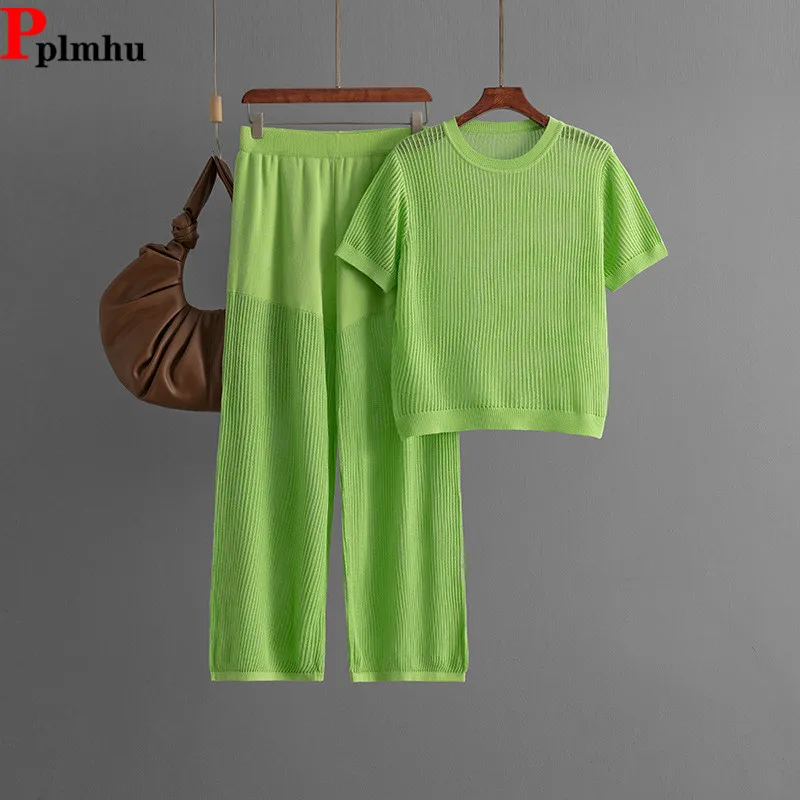 

Hollow Out Design Knitted 2 Piece Sets Women O-neck Short Sleeve Solid T-shirts Tops Conjuntos High Waist Straight Pants Outfit