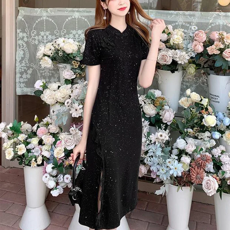 Summer New Chinese Style Vintage Lace Patchwork Bodycon Dress Ladies Elegant Fashion Black Slit Robe Women Slim Sequins Vestidos