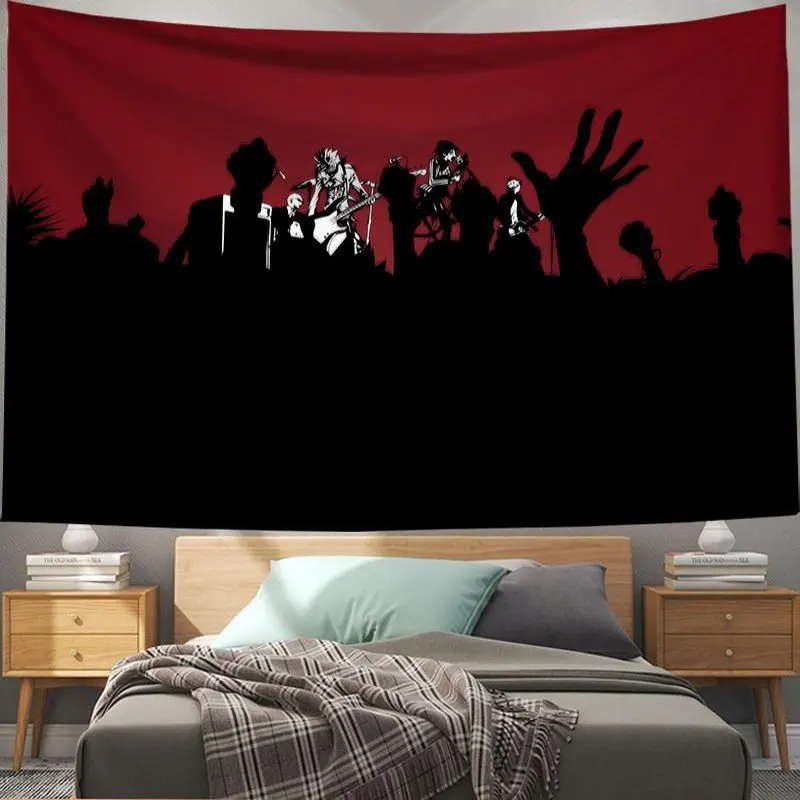VIKAMA Punk Rock Band Anime Tapestry Wall Hanging Red Yellow Manga Electric Guitar Aesthetic Wall Art Dorm Room Decor