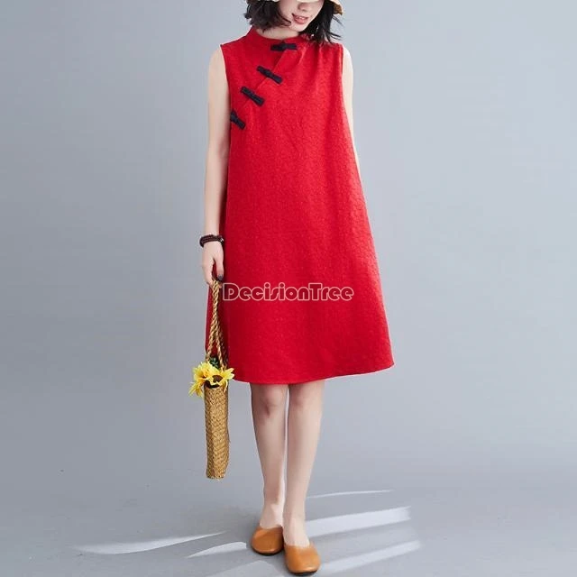 2024 chinese style retro improved loose qipao dress diagonal buckle sleeveless vestido national solid color cotton linen dress