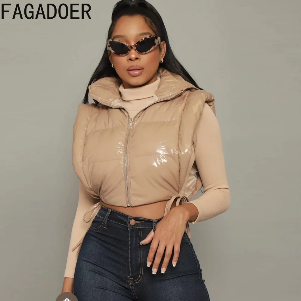 FAGADOER Winter Sleeveless Cotton Padded Jacket Fashion Women Zip Solid Lace Up Crop Top Casual Stand Collar Top Padded Clothing