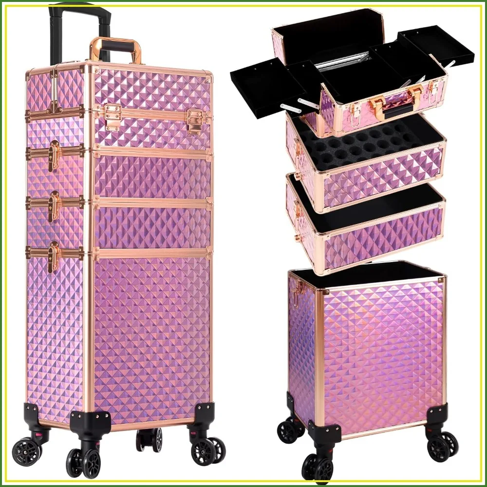 

AROUS Rolling Makeup Train Case 4 in 1 Cosmetology Case on Wheels Large Storage Cosmetic Trolley with Key Salon Barber Case Traveling Cart Trunk