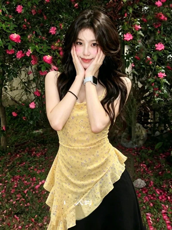 plus Size Korean Style Floral Print Square Neck Ruffle Detail Waist Cinching Top for Plump Women Daily Commute Wear
