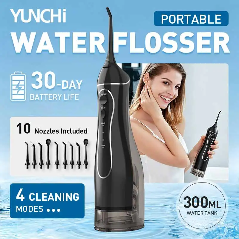 YUNCHI Water Flossers for Teeth Cleaning, 300ML Water Tank Detachable Oral Irrigator, 4 Modes Electric Dental Water Pick IPX7