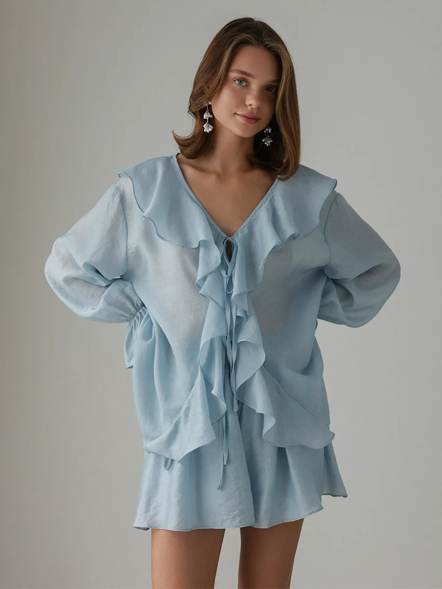 2-teiliges Set im französischen Stil für Damen, Rüschen, V-Ausschnitt, Schnür-Chiffon-Hemden + Shorts, 2022, neues Sommer-Lose-Büro-Dame-Shorts-Set