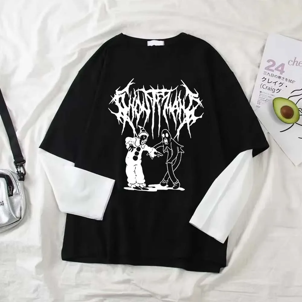 Damen Gothic Y2K Muster-Print Fake Two Langarm-T-Shirts Mode Retro Lässig Locker Hip Hop Fake Two Langarm-T-Shirt – Detail 2