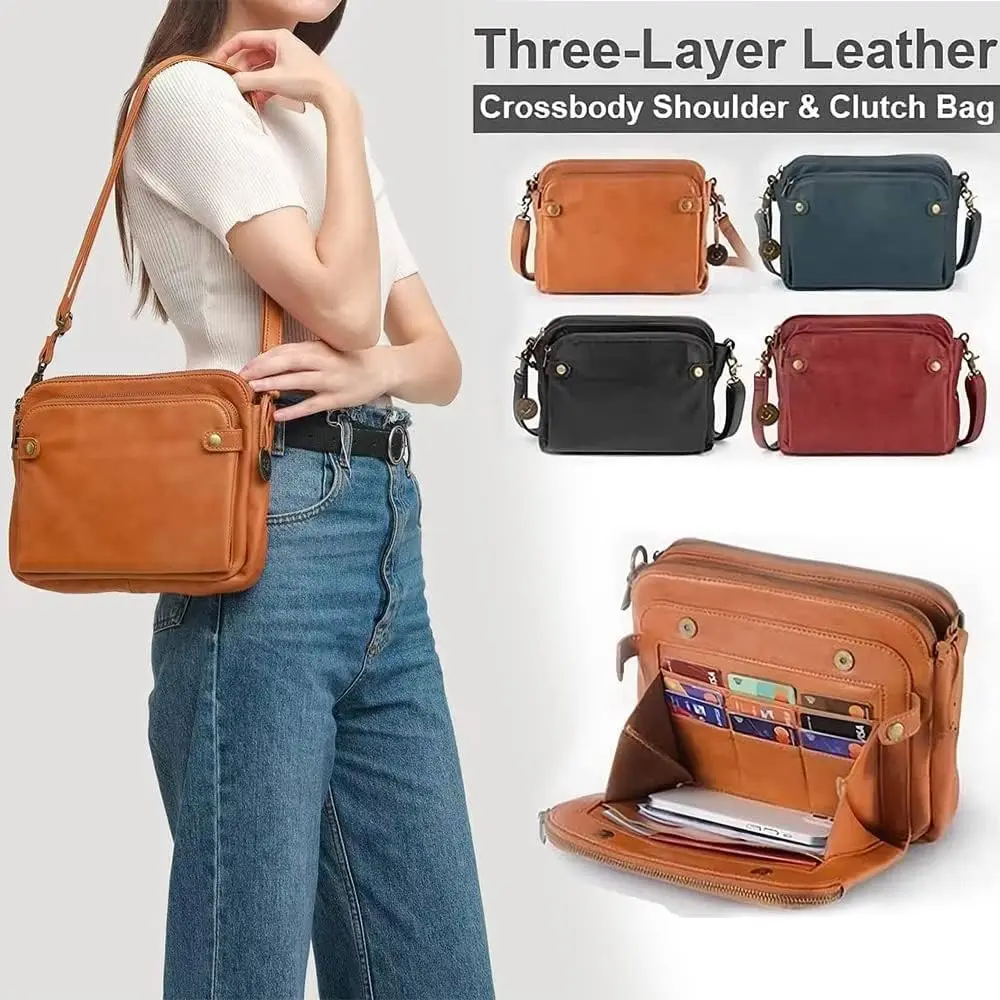 Retro Crossbody Leather Shoulder Bags Clutches Women’s Pu Large Capacity Three Layer Leather Crossbody Shoulder Clutch Bag