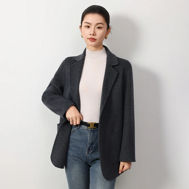 카이싱글 2025 수트 스타일 여성 코트 가을 겨울 신상 100% 순모 울 코트 편안하고 심플한 수트 여성복