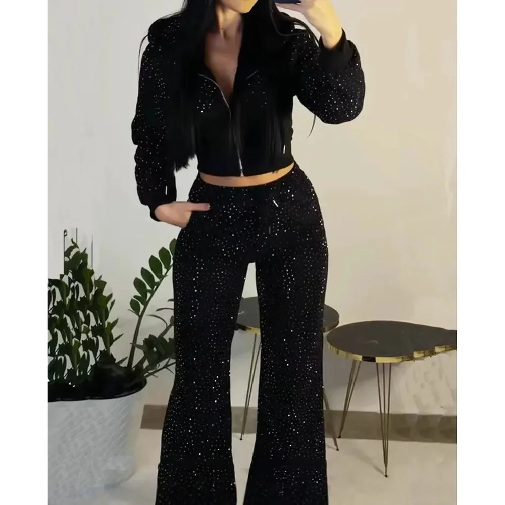 New Hot Sale Hot Drilling Design Hoodie Solid Color Short Hoodie High Waist Long Pants Fashion Casual Women's Tracksuit