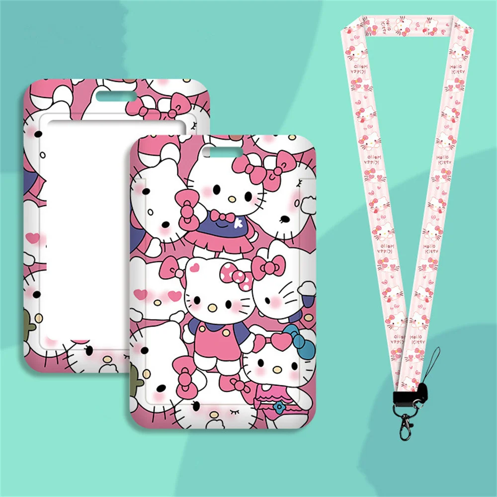 Cute Sanrio Hello Kitty Cartoon Cosplay Kt Cat Key Chain Pendant Work Bus Card Holder Plastic with Lanyard Student Gift Toys